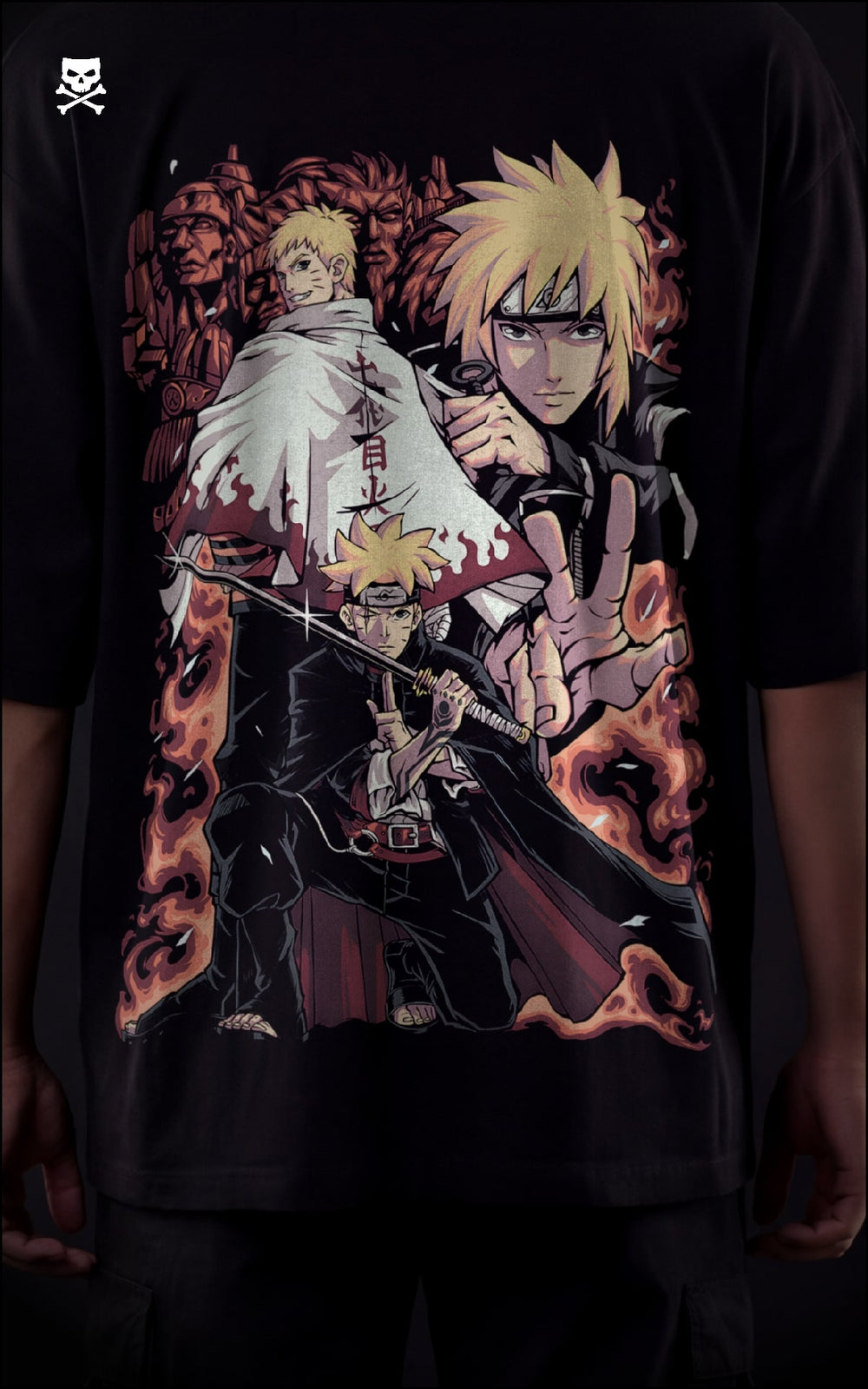 Closeup view of a male model wearing a boxy fit black anime shirt showcasing the legacy of Minato, Naruto, and Boruto Uzumaki with the Hidden Leaf Will of Fire graphic.