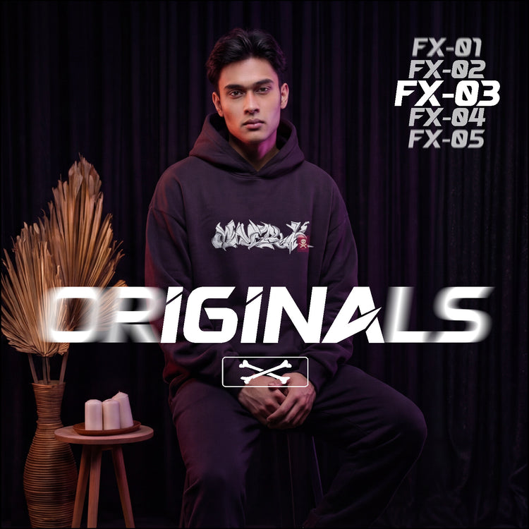 Person wearing a hoodie with text 'ORIGINALS' on a dark background