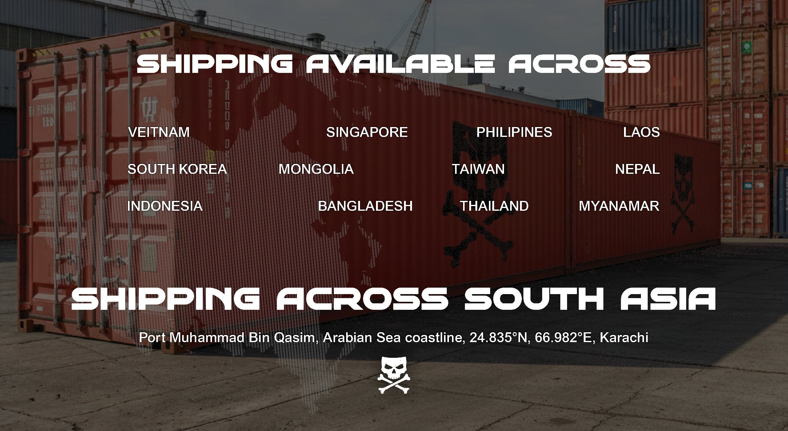 Red shipping container with text indicating shipping availability across South Asia.