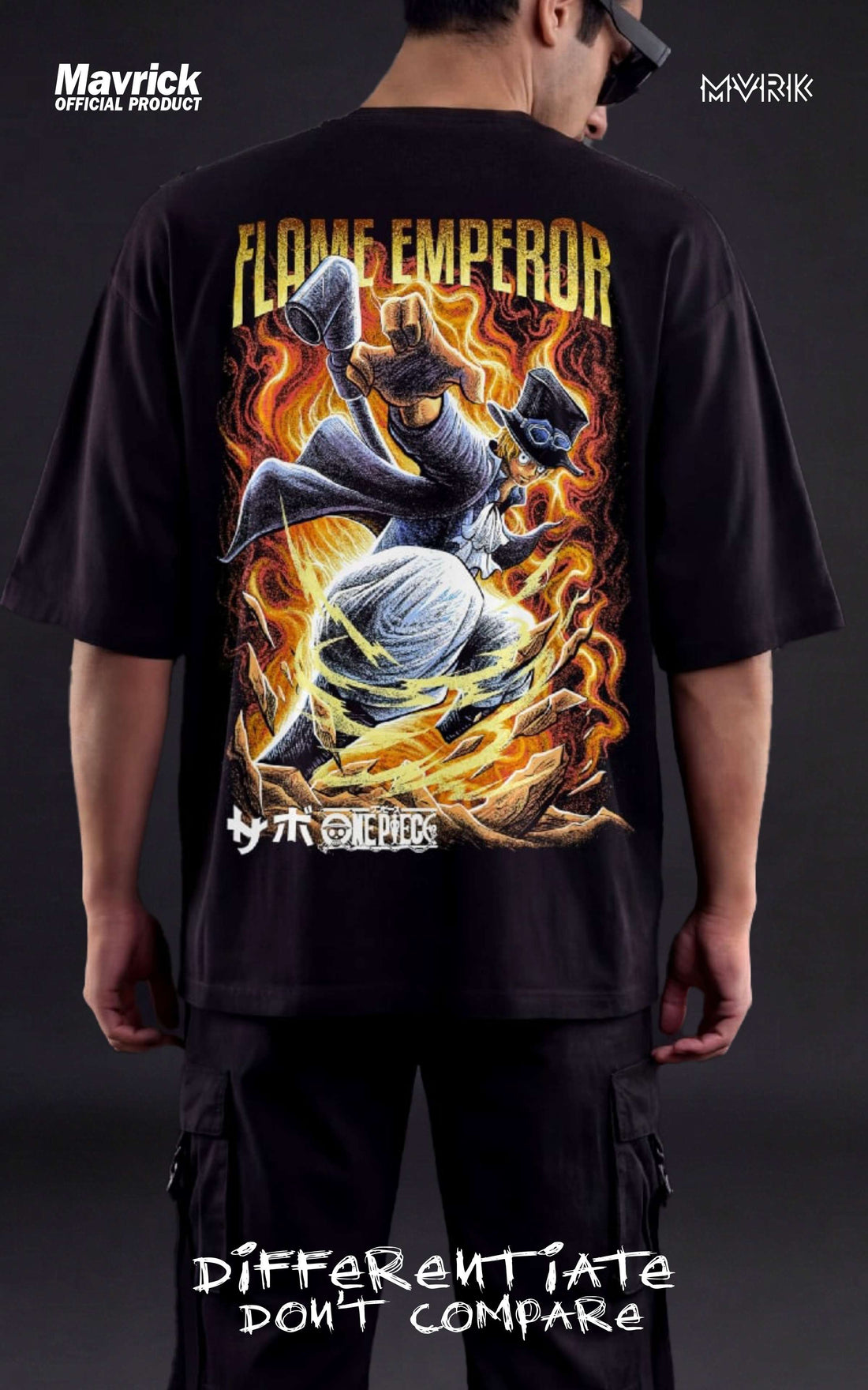 Back view of an oversized black anime t-shirt with a vibrant fire graphic of Sabo in his Flame Emperor form.