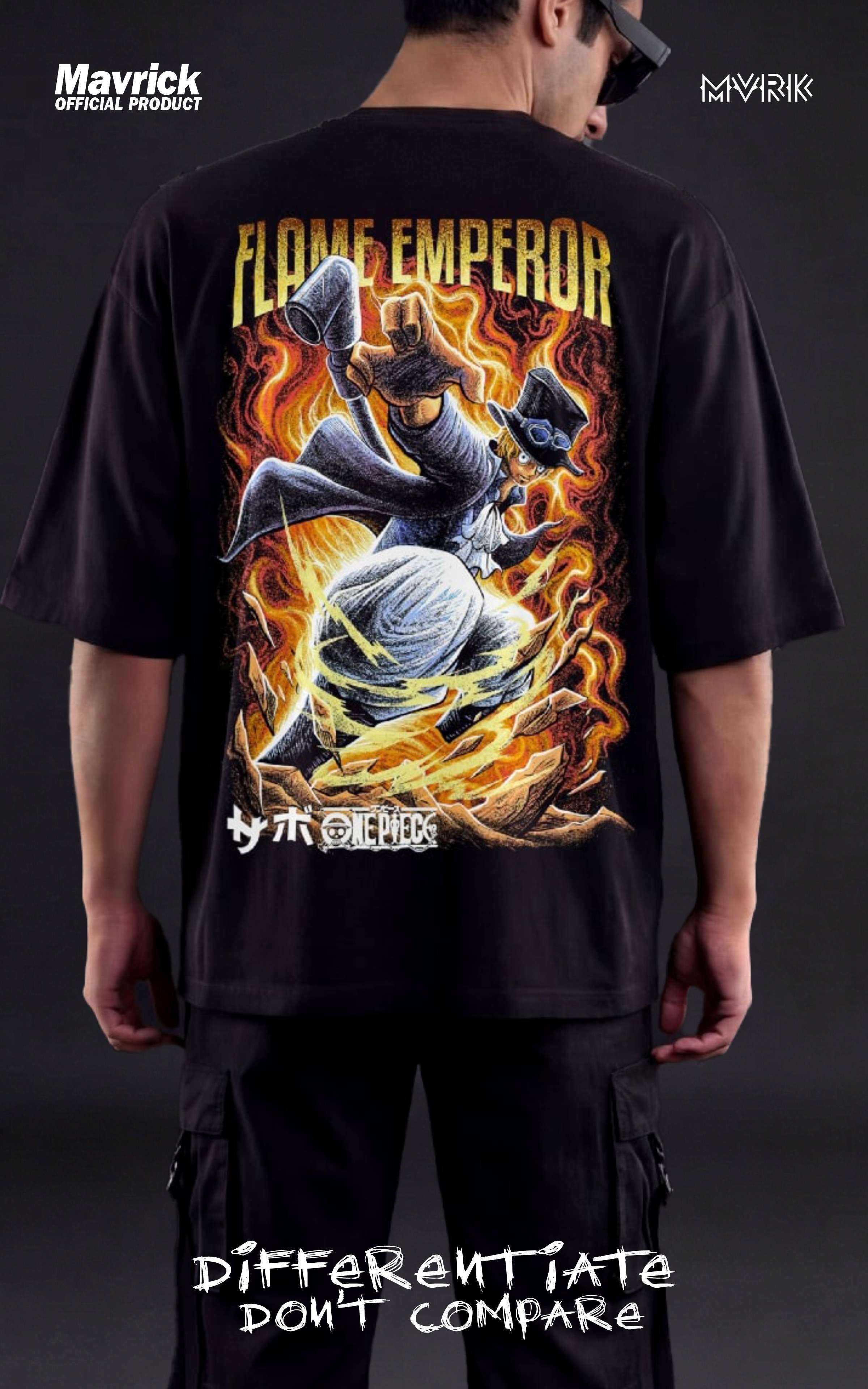 Back view of an oversized black anime t-shirt with a vibrant fire graphic of Sabo in his Flame Emperor form.