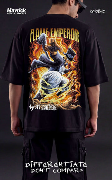 Back view of an oversized black anime t-shirt with a vibrant fire graphic of Sabo in his Flame Emperor form.