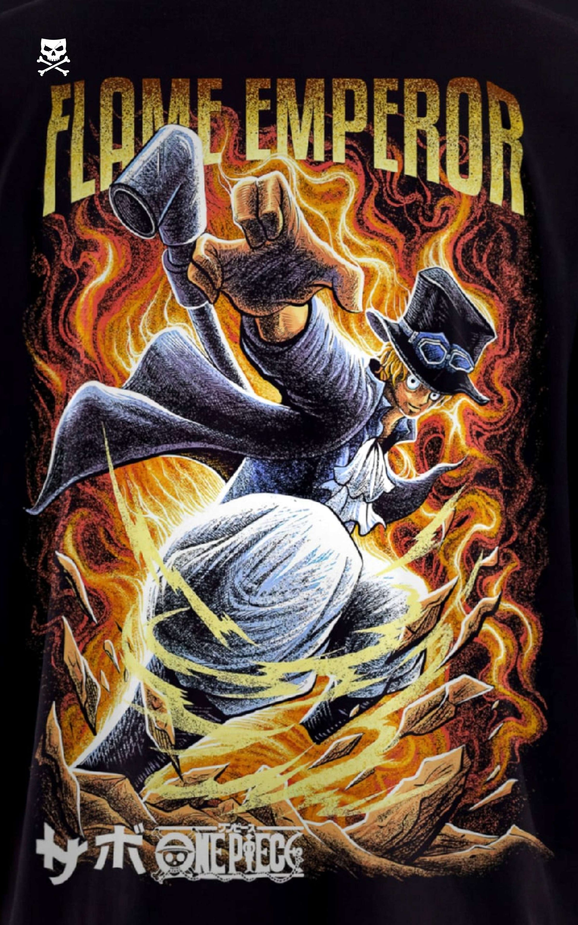 Closeup view of an oversized black anime t-shirt with a vibrant fire graphic of Sabo in his Flame Emperor form.
