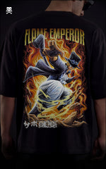 Closeup view of an oversized black anime t-shirt with a vibrant fire graphic of Sabo in his Flame Emperor form.
