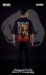 Back view of a male model in a black oversized shirt featuring a "Serious Series" Saitama graphic with an orange explosive background.