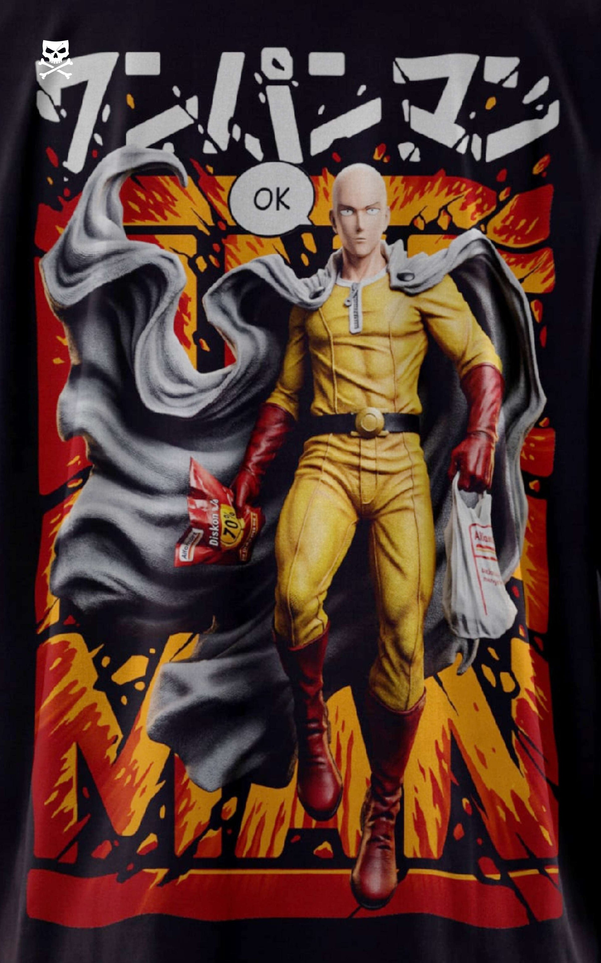 Closeup view of a male model in a black oversized shirt featuring a "Serious Series" Saitama graphic with an orange explosive background.