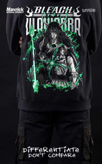 Full back view of a man in an Ulquiorra Cifer oversized anime hoodie standing against a dark background with "Differentiate Don't Compare" text and energy graphics.