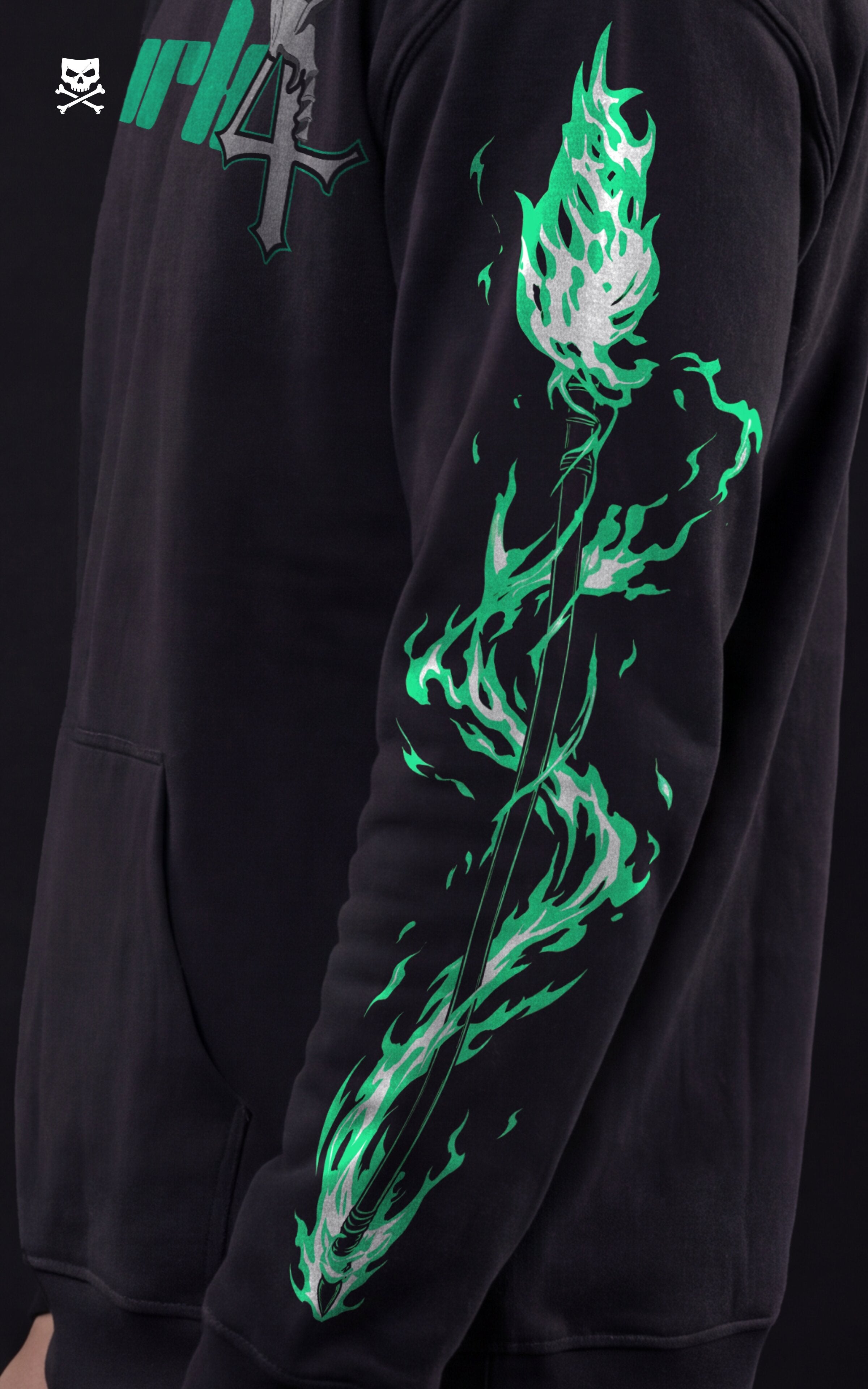 Side profile of a black Bleach streetwear hoodie showing a glowing teal and silver Lanza del Relámpago energy spear graphic printed on the sleeve.