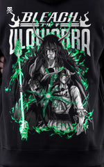 Close-up of a high-quality back print on a Mavrick hoodie featuring Ulquiorra Cifer in various forms with teal spiritual pressure flames and "BLEACH" branding.