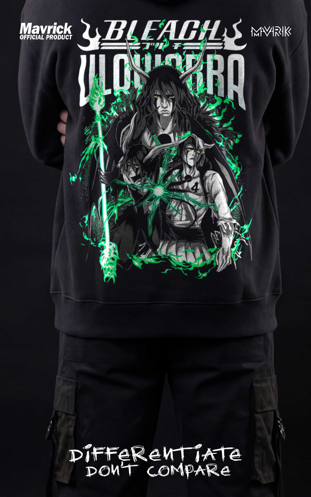 Full back view of a man in an Ulquiorra Cifer oversized anime hoodie standing against a dark background with "Differentiate Don't Compare" text and energy graphics.