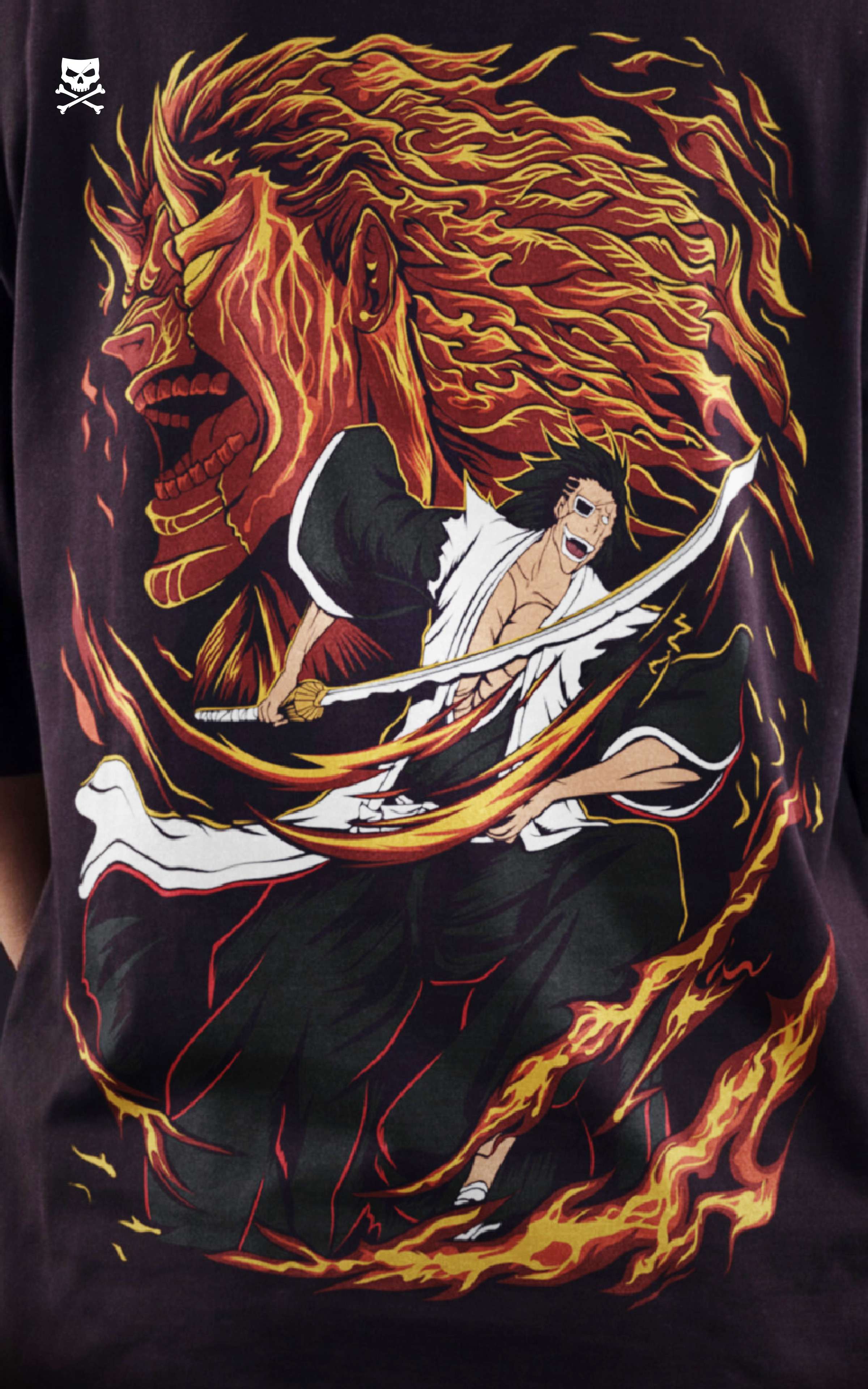 Closeup view of a female model in a heavyweight black t-shirt featuring a demonic Bankai graphic of Kenpachi Zaraki with orange spiritual energy.