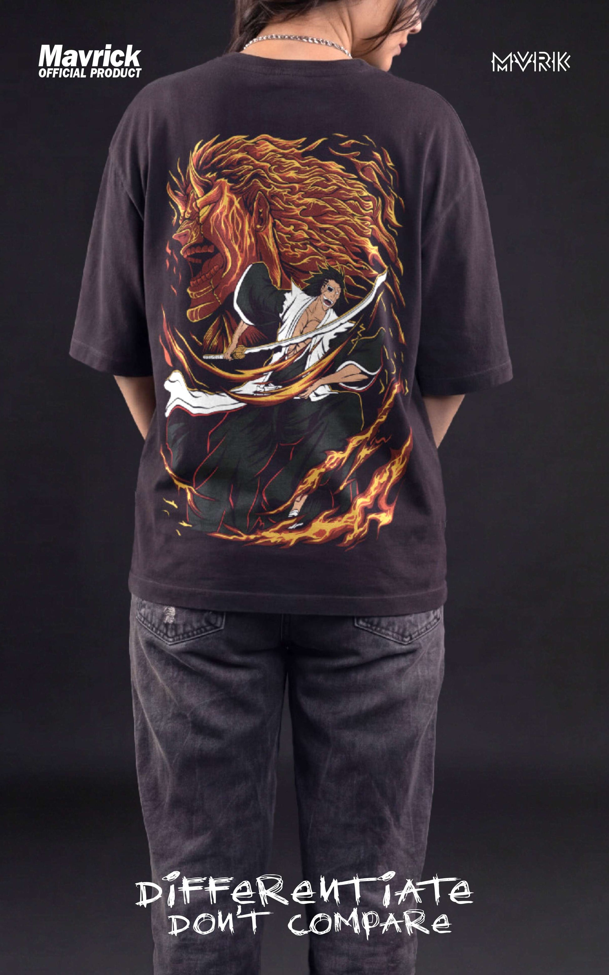 Female model in a heavyweight black t-shirt featuring a demonic Bankai graphic of Kenpachi Zaraki with orange spiritual energy.