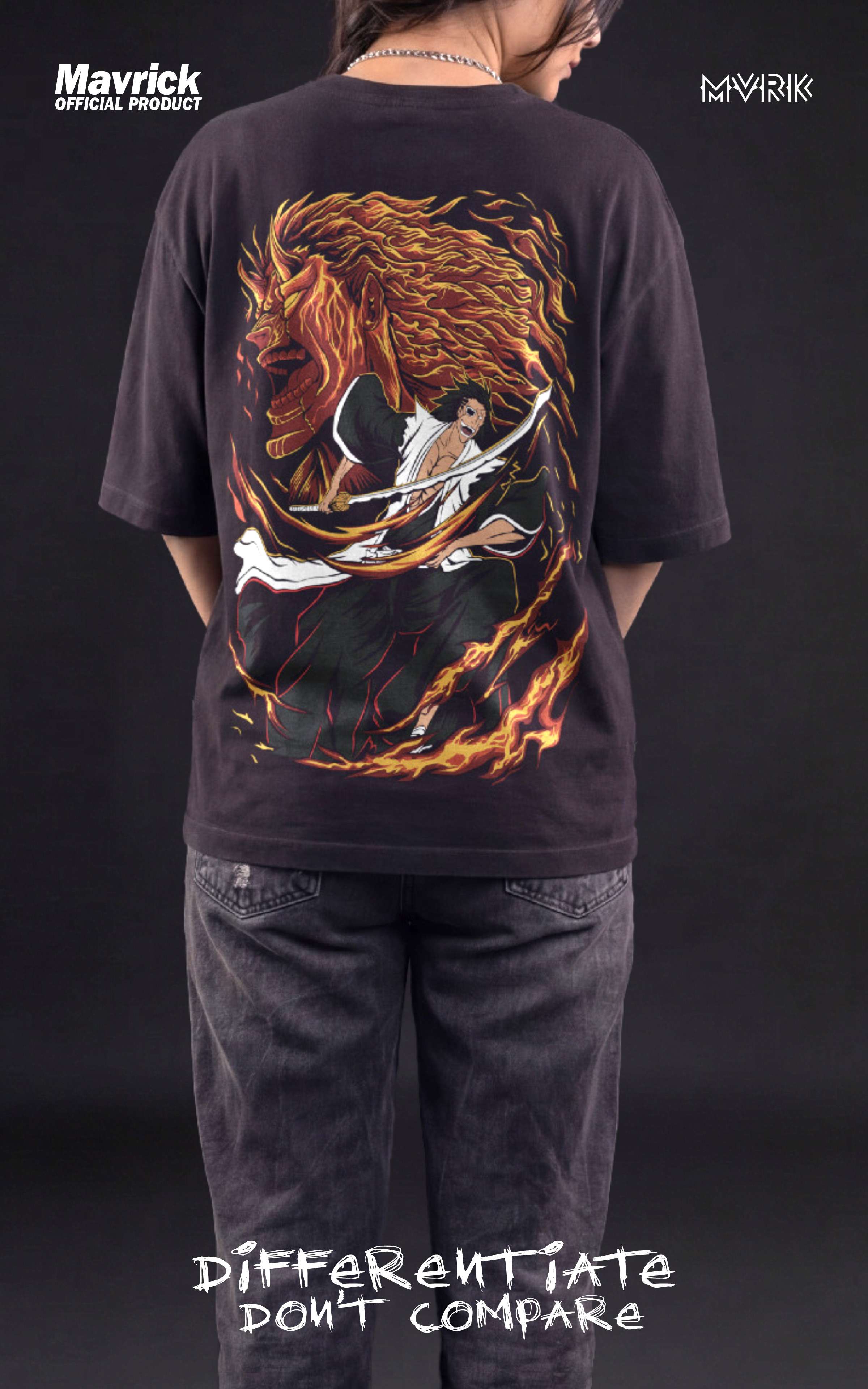 Female model in a heavyweight black t-shirt featuring a demonic Bankai graphic of Kenpachi Zaraki with orange spiritual energy.