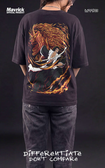 Female model in a heavyweight black t-shirt featuring a demonic Bankai graphic of Kenpachi Zaraki with orange spiritual energy.