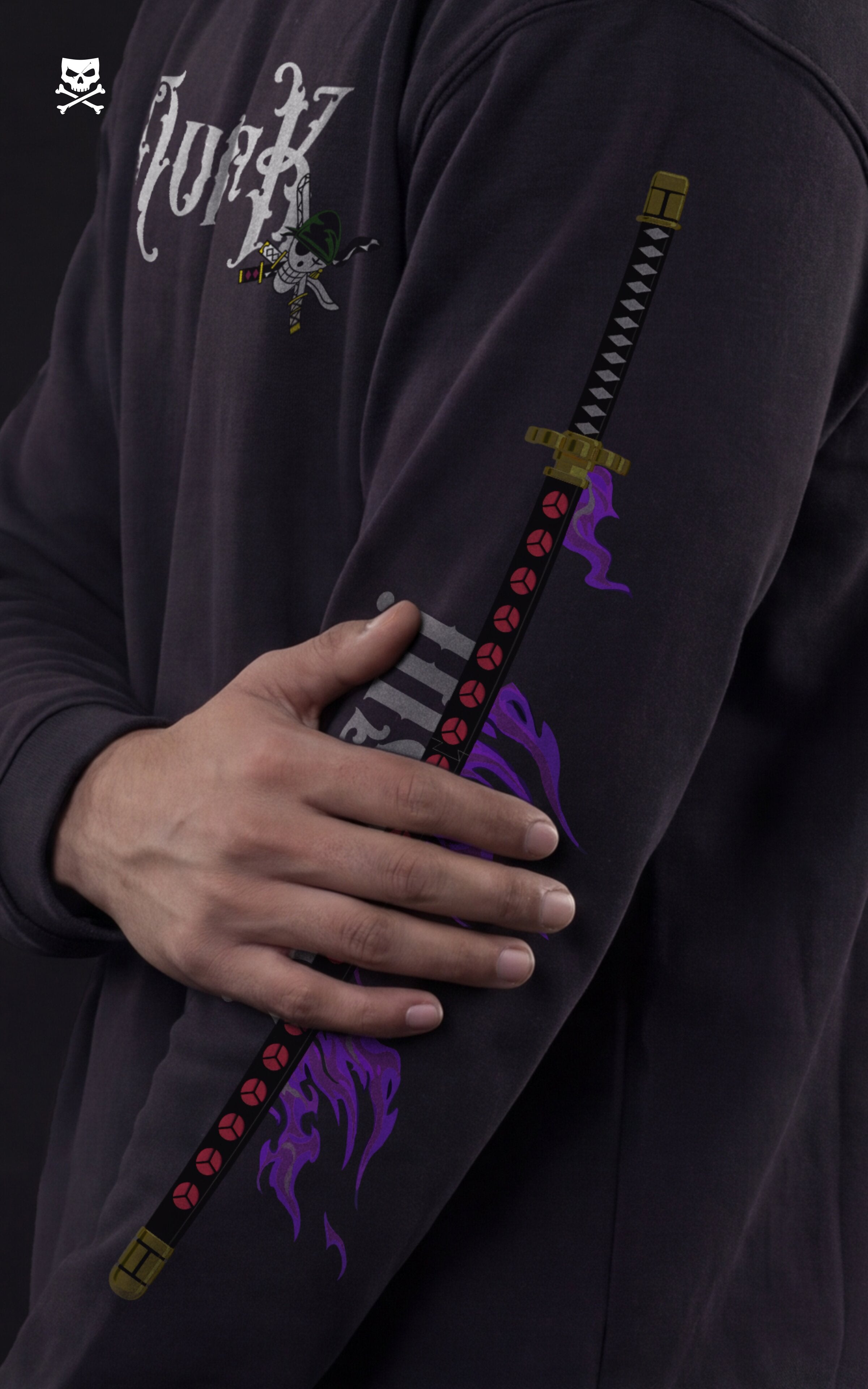 Side view of a black One Piece streetwear hoodie showing a detailed sleeve print of Zoro's Shuisui katana with purple spirit energy flames.