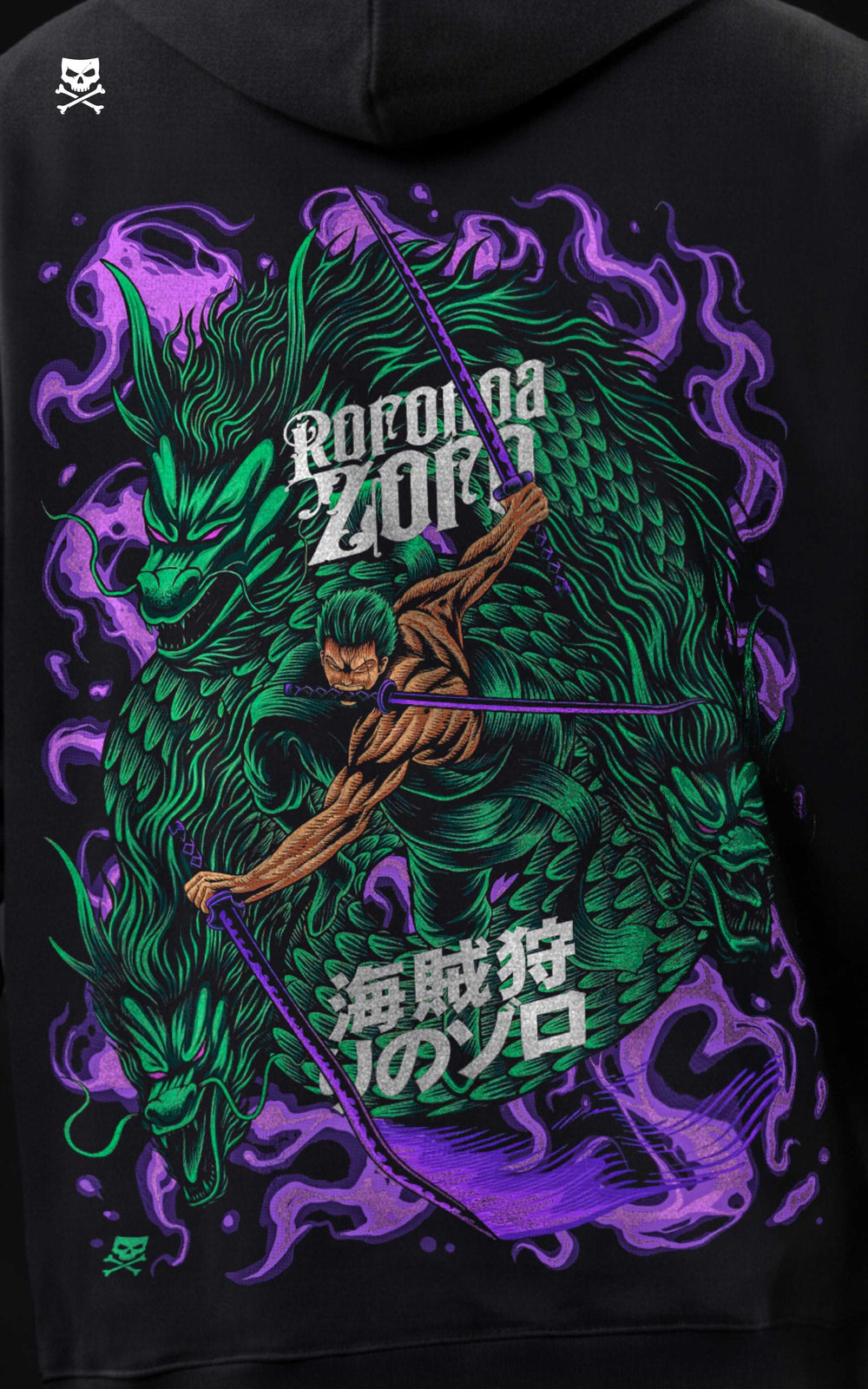 Close-up of a high-quality back graphic on a Mavrick hoodie featuring Roronoa Zoro in a three-sword style pose against a large green dragon and purple smoke.
