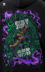 Close-up of a high-quality back graphic on a Mavrick hoodie featuring Roronoa Zoro in a three-sword style pose against a large green dragon and purple smoke.

